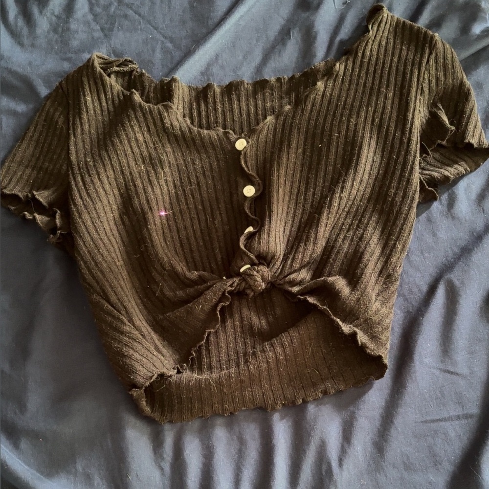 Black Ribbed Button-Front Women's Top